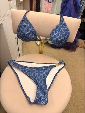 Gucci Blue GG Denim Print Bikini Set with Gold Logo Accents